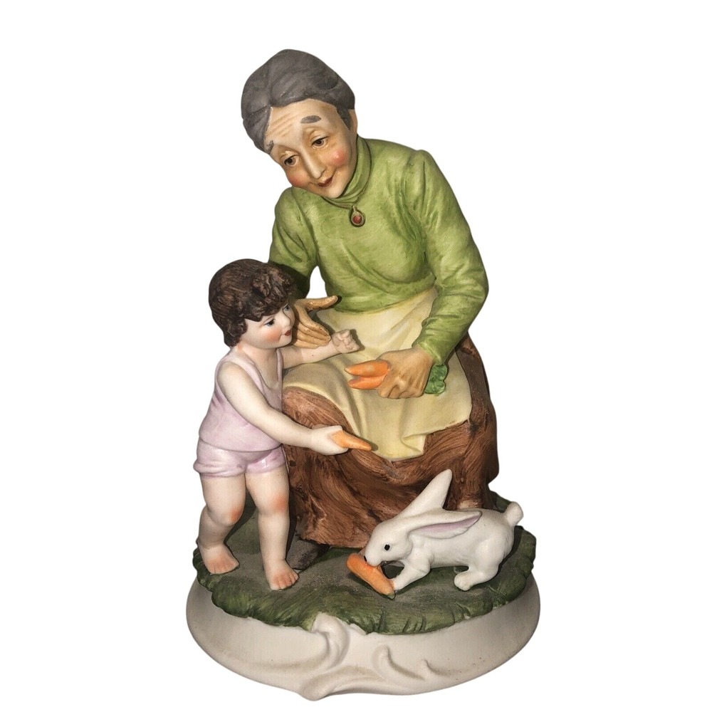 Vtg Lefton Grandma Old Woman With Grandchild‎ Child Feeding Rabbit carrots  2551